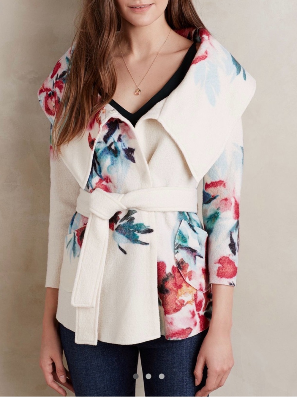 Anthropologie Floral Watercolor Wrap Belted Sweater - Cream